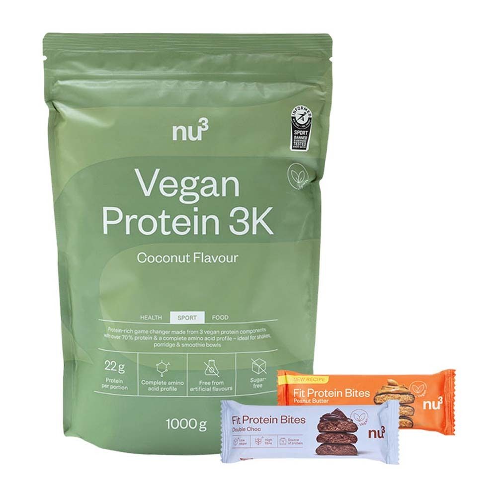 nu3 Vegan Protein 3K Shake, Coconut + Fit Protein Bites Peanut Butter + Fit Protein Bites Double-Choc