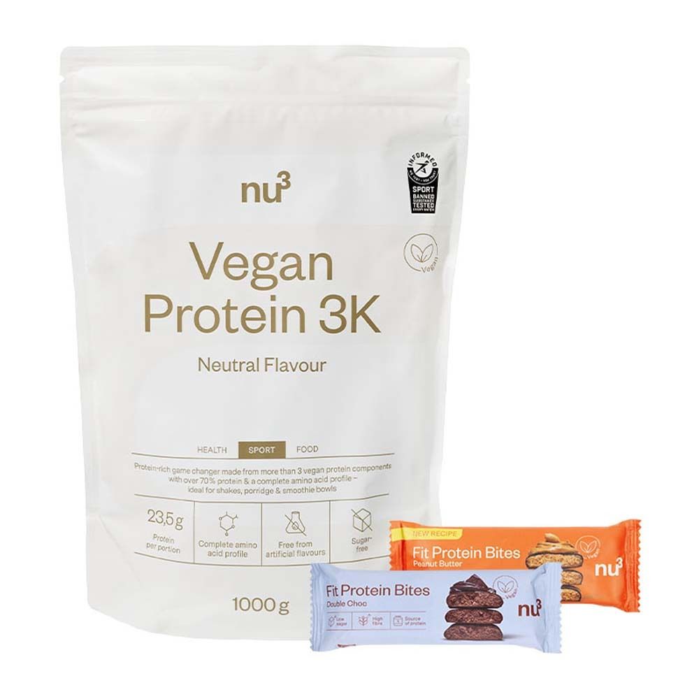 nu3 Vegan Protein 3K Shake, Neutral + Fit Protein Bites Peanut Butter + Fit Protein Bites Double-Choc