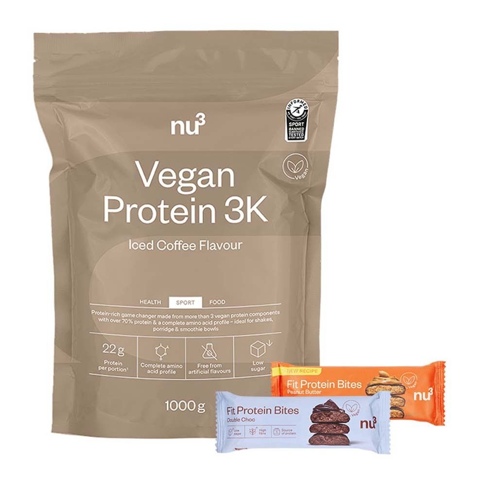 nu3 Vegan Protein 3K Shake, Iced Coffee + Fit Protein Bites Peanut Butter + Fit Protein Bites Double-Choc