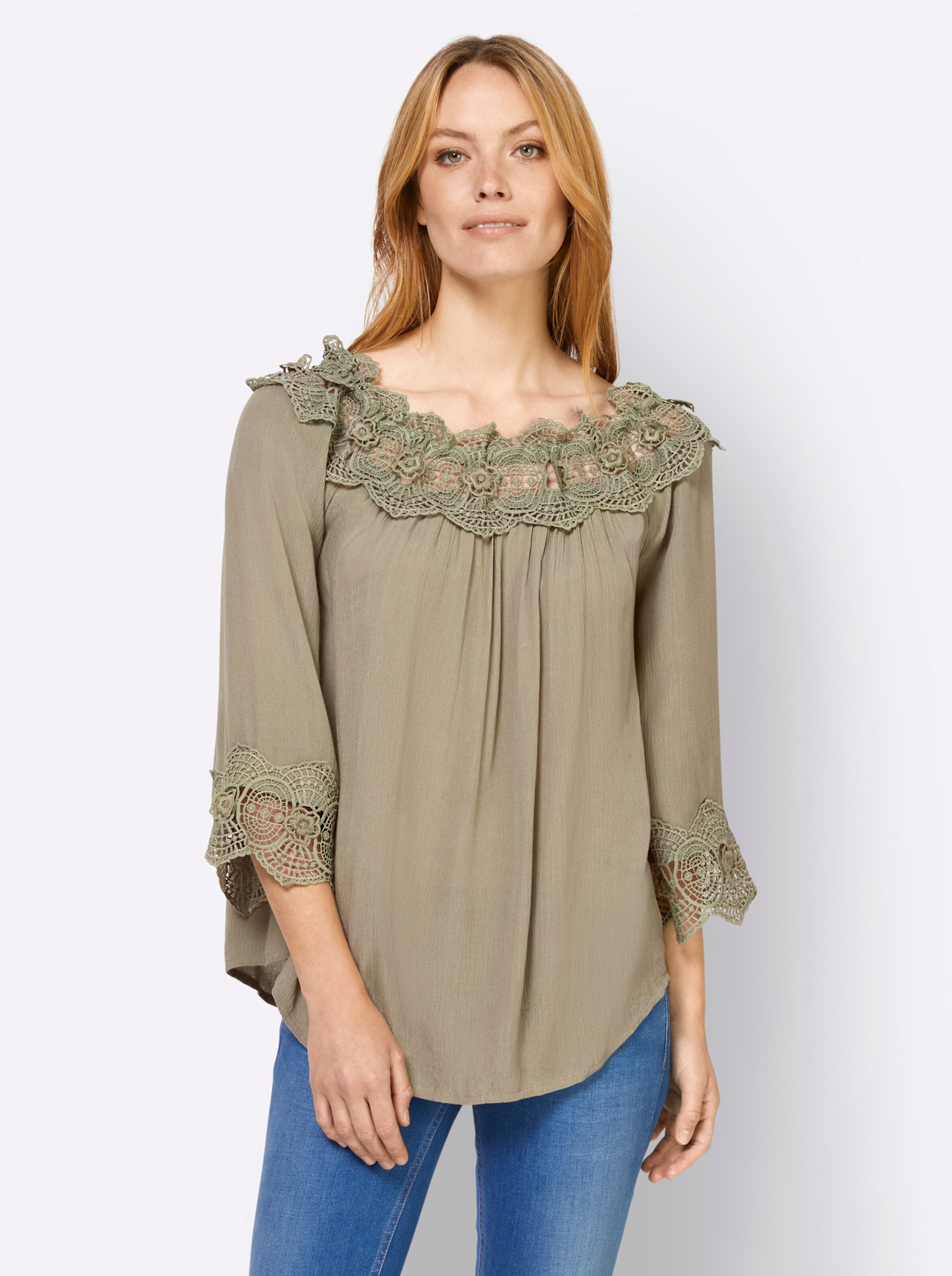 Spitzen-Bluse in khaki von heine