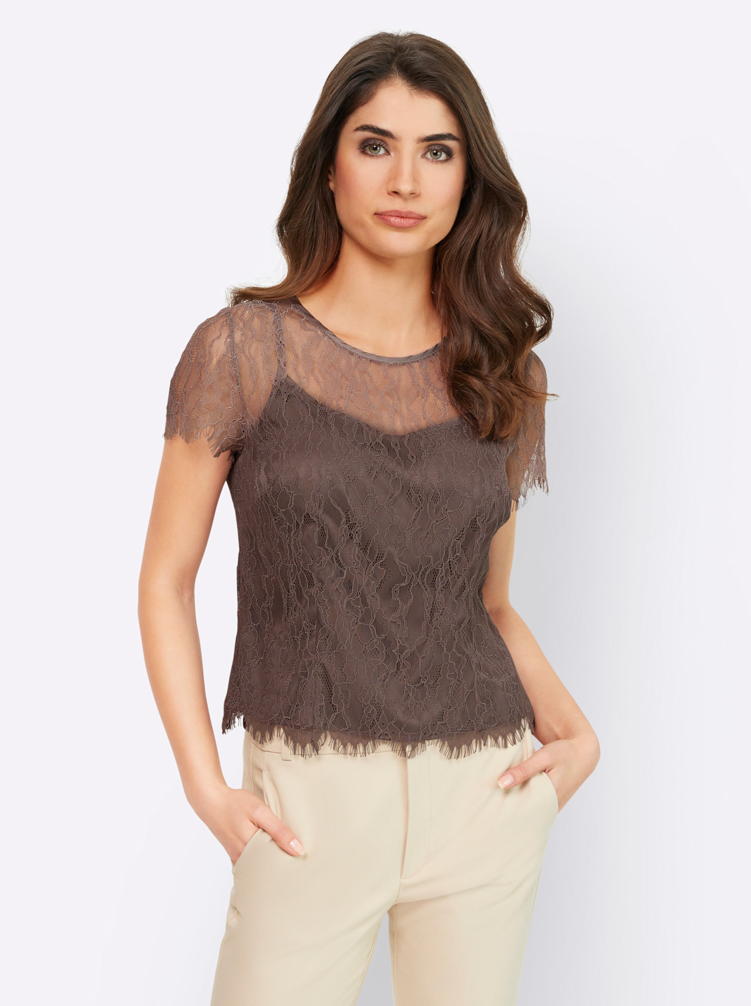 Spitzen-Bluse in dunkeltaupe von heine