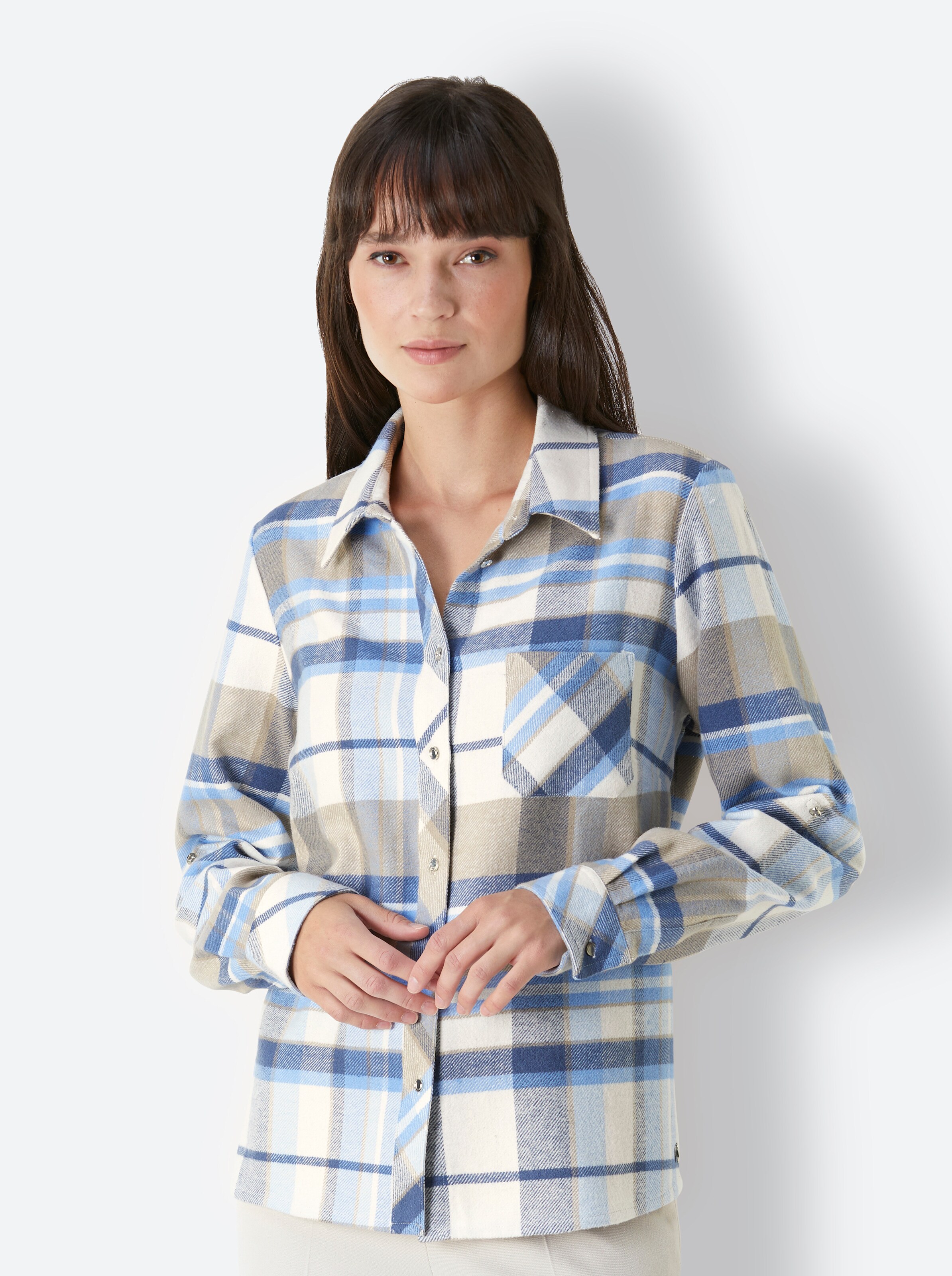 Woll-Flanell-Bluse in ecru-himmelblau-kariert von Creation L Premium