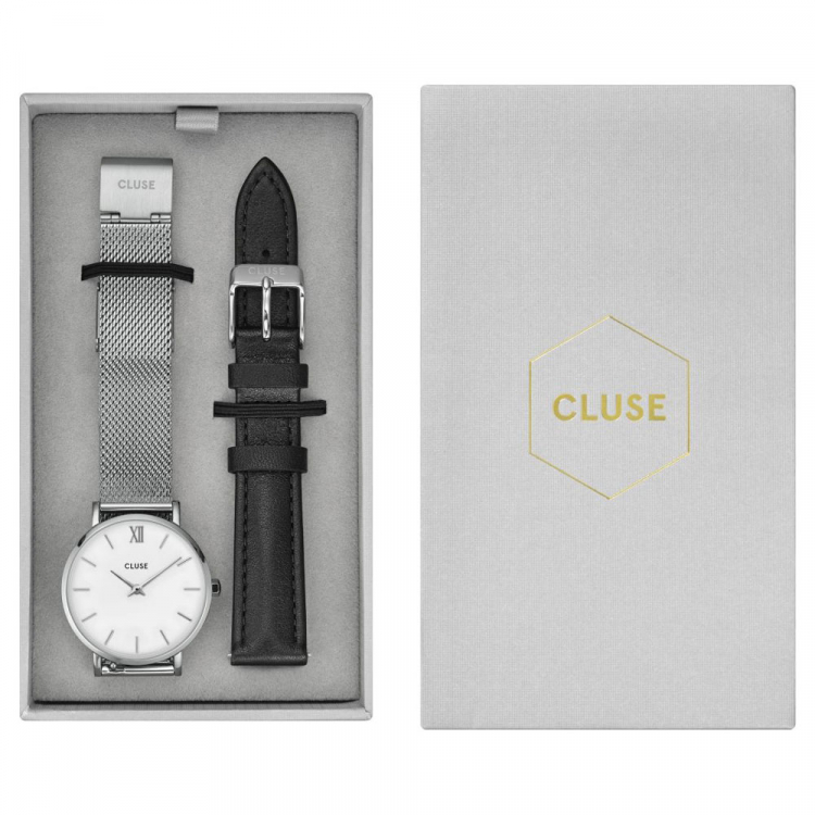 Cluse CG1519203003 Minuit Mesh & Leather, Silver, White/Silver & Black Strap Gift Box