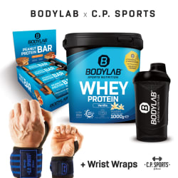1 x 1000g Whey Protein + Peanut-Caramel Protein Bar (12x55g) + BL24 Shaker + Profi Handgelenkbandagen