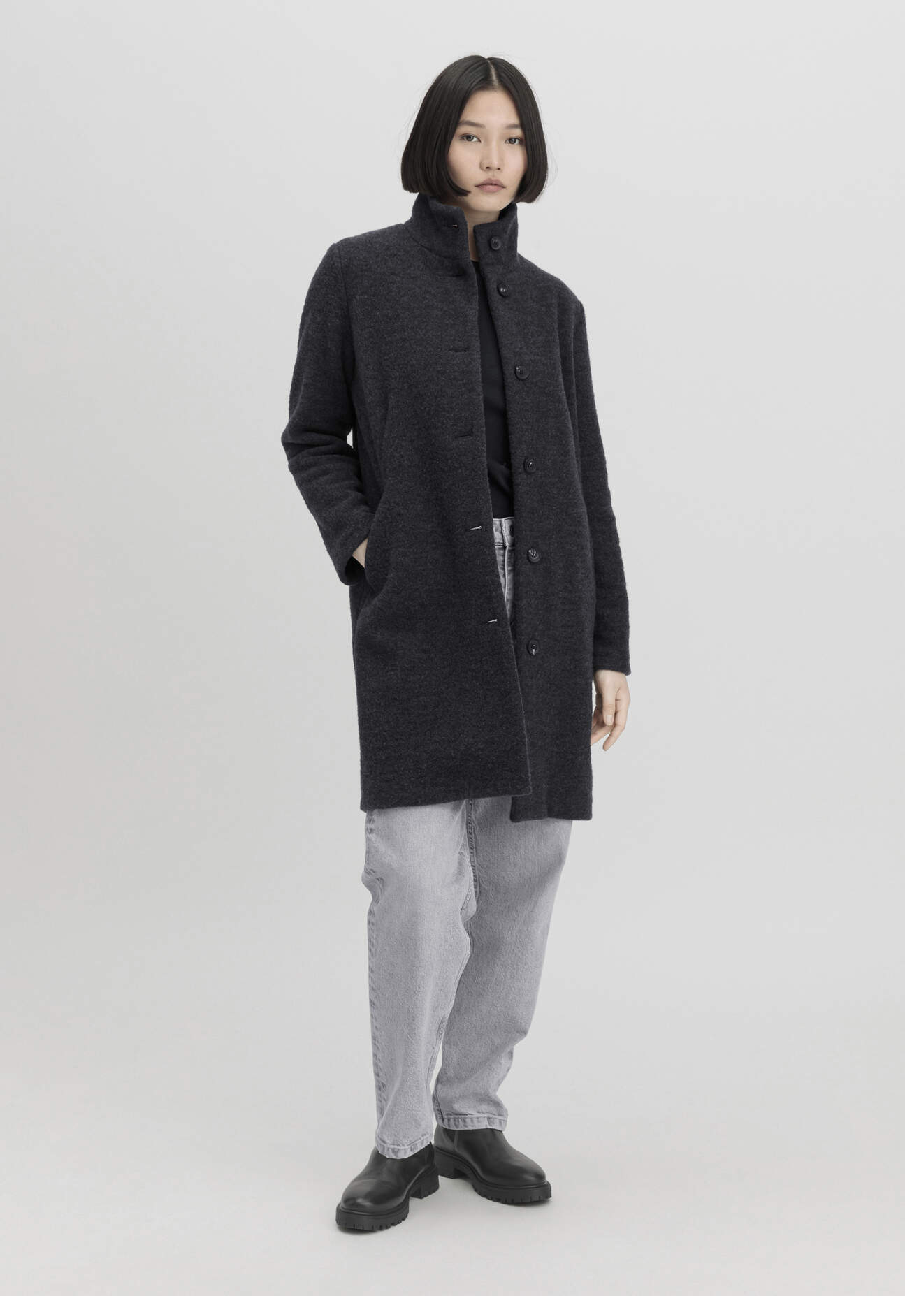 hessnatur Damen Wollfleece Mantel Regular aus Bio-Merinowolle - grau Grösse36