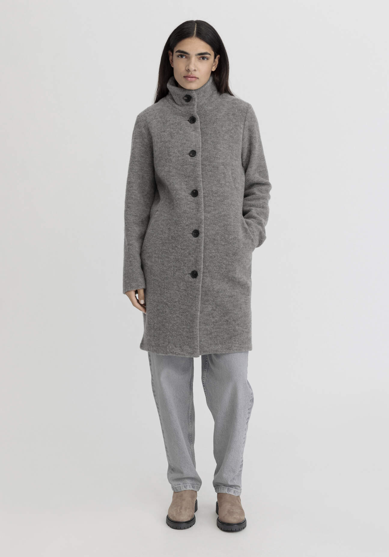 hessnatur Damen Wollfleece Mantel Regular aus Bio-Merinowolle - grau Grösse34