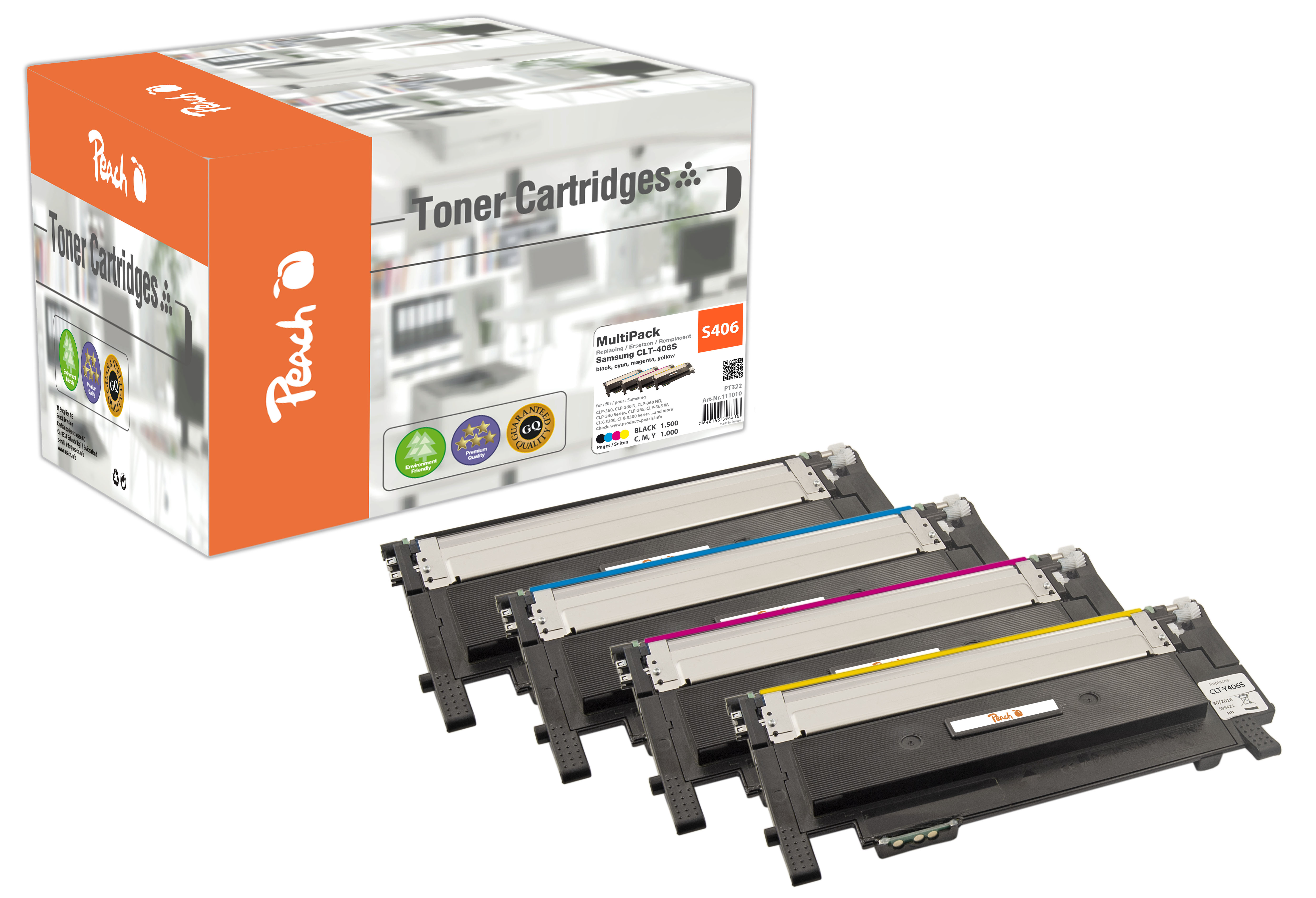Peach S406 4 Toner (bk, c/m/y) ersetzt Samsung CLT-P406C/ELS, SU375A für z.B. Samsung Xpress C 410 W, Samsung CLP -360, Samsung CLP -360 N