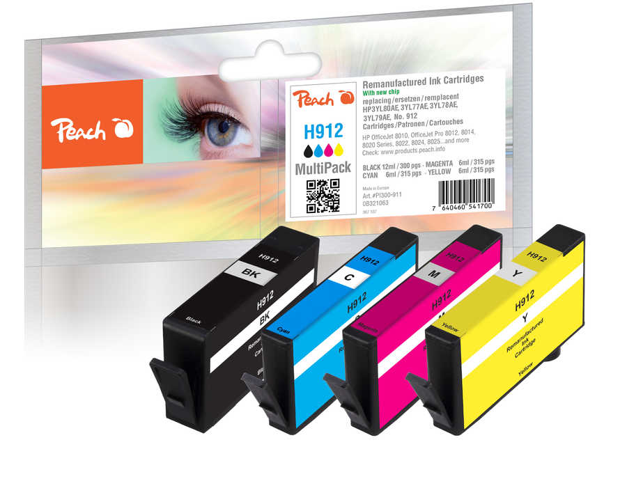 Peach HP 912 4 Druckerpatronen (bk, c/m/y) ersetzt HP No. 912, 6ZC74AE für z.B. HP OfficeJet 8010, HP OfficeJet Pro 8012, HP OfficeJet Pro 8013