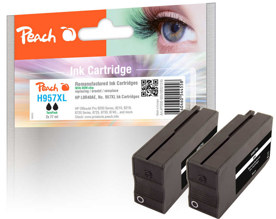 Peach H957XLbk 2 Druckerpatronen XL 2*bk ersetzt HP No. 957XL bk*2, L0R40AE*2 für z.B. HP OfficeJet Pro 8210, HP OfficeJet Pro 8720