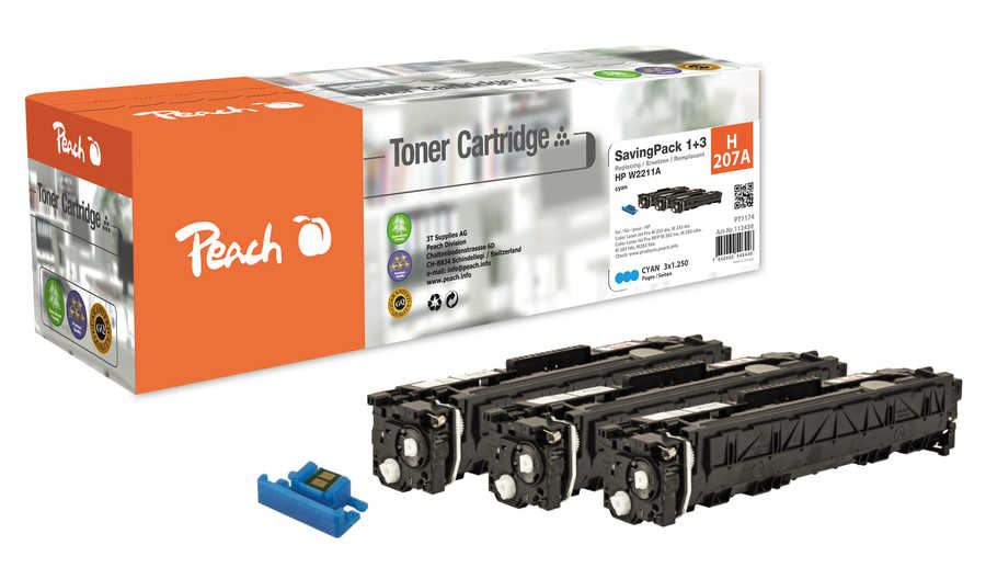 Peach H207A Saving Pack Tonermodule 3*cy ersetzt HP No. 207A, W2211A für z.B. HP Color LaserJet Pro M 255 dw, HP Color LaserJet Pro M 255 nw