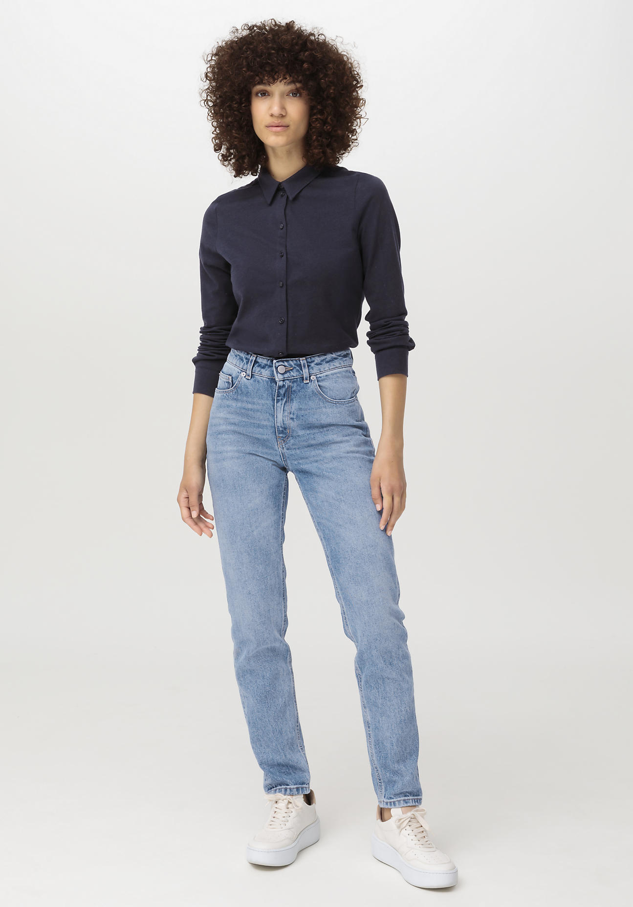 Damen Jersey-Bluse aus Bio-Baumwolle mit Bio-Schurwolle - blau Grösse36