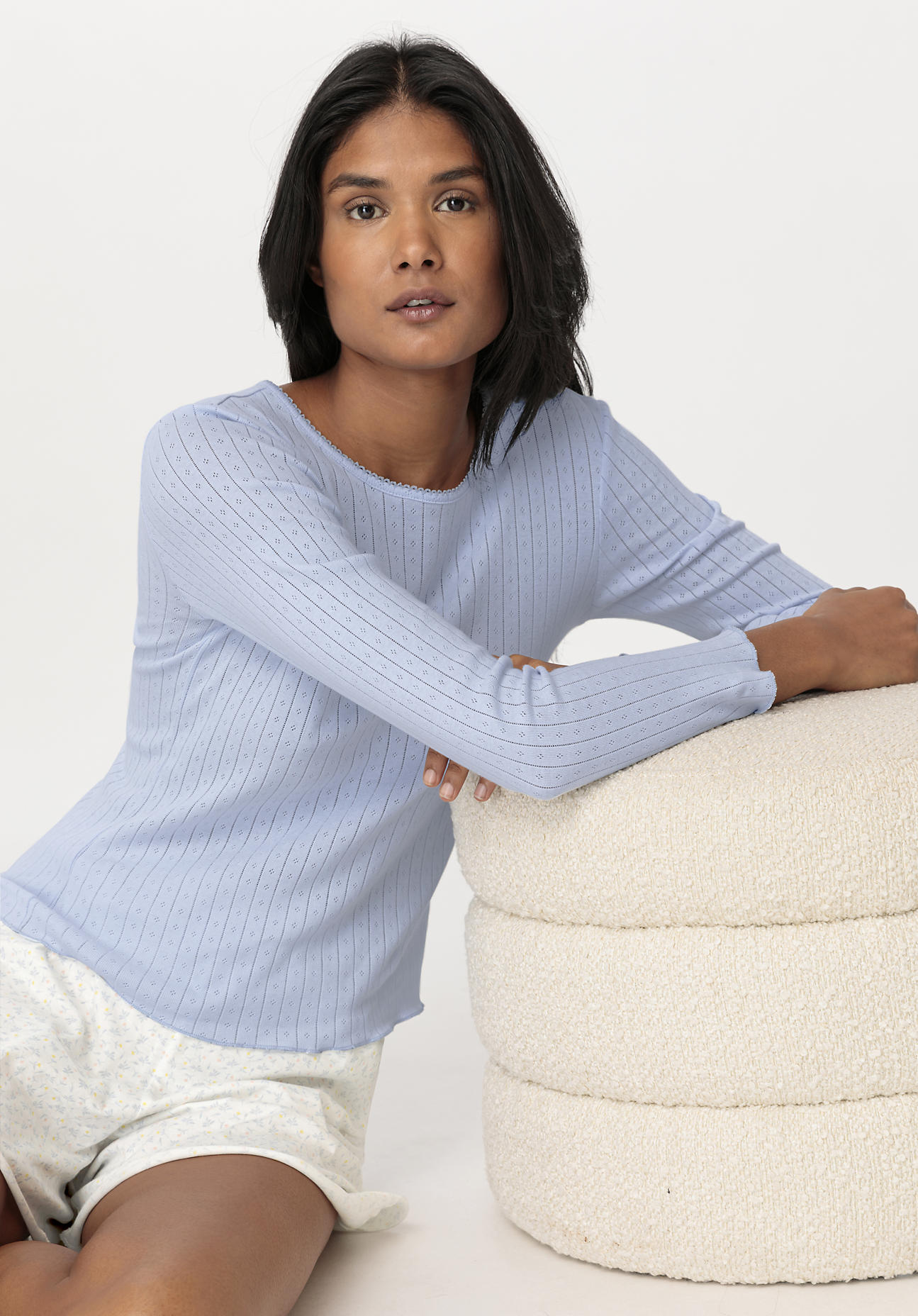 hessnatur Damen Lounge-Shirt Fitted PURE POINTELLE aus Bio-Baumwolle - blau Grösse46