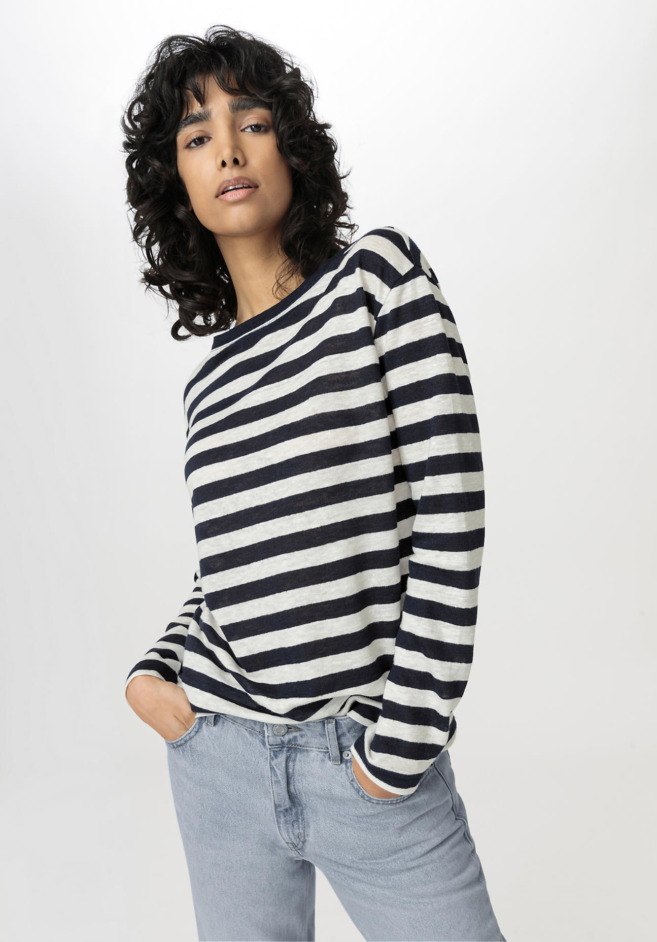 hessnatur Damen Shirt Langarm Regular aus Leinen - blau Grösse40