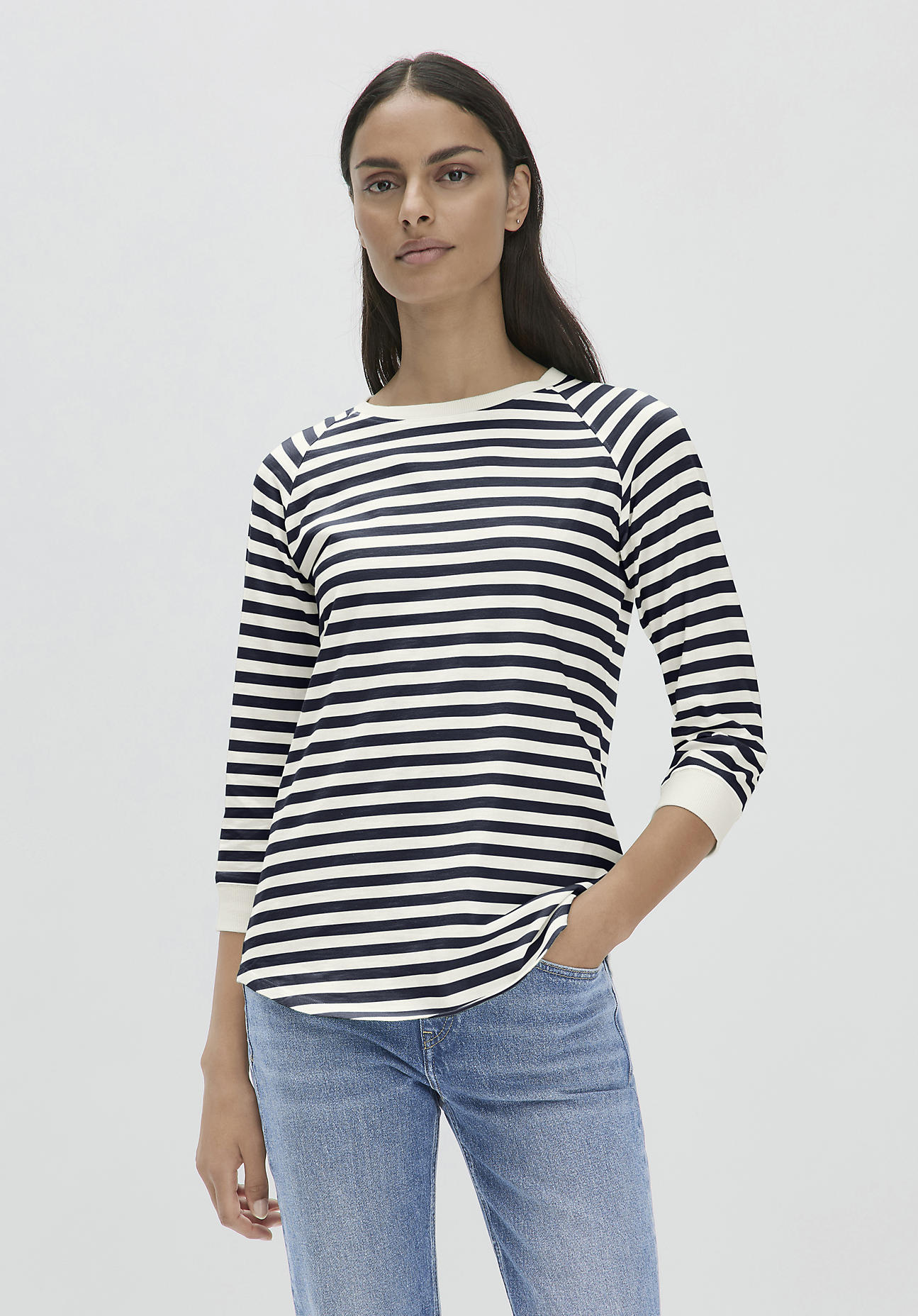 hessnatur Damen Slub Shirt Streifen Regular aus Bio-Baumwolle - blau Grösse42