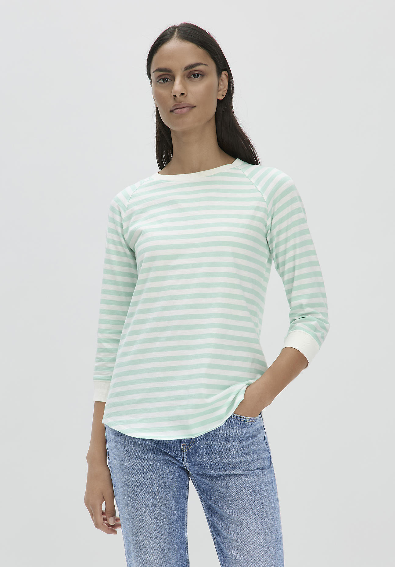 hessnatur Damen Slub Shirt Streifen Regular aus Bio-Baumwolle - grün Grösse46