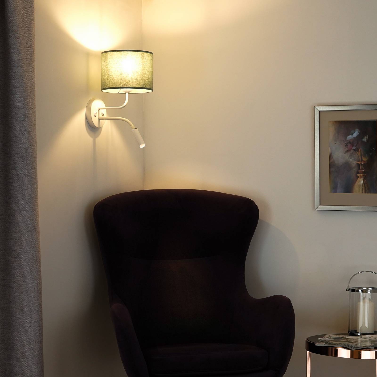 Wandleuchte Roller, Stoff, weiß/salbei, Leselicht