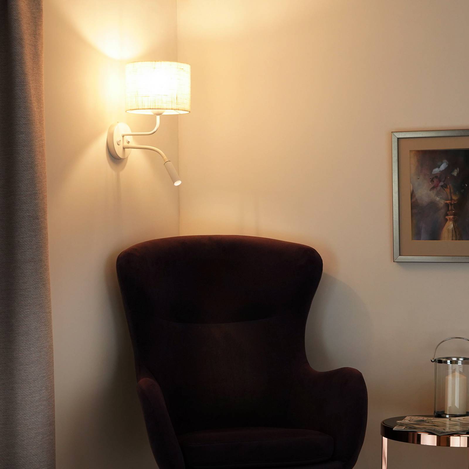 Wandleuchte Roller, Jute, weiß/beige, Leselicht