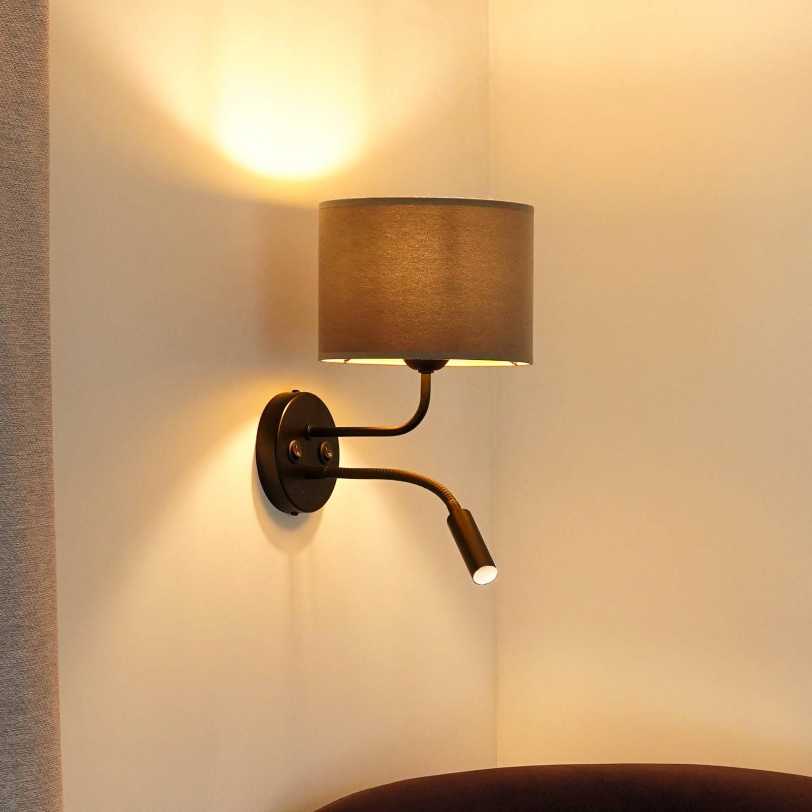 Wandleuchte Roller, Samt grau, schwarz, mit Leselicht