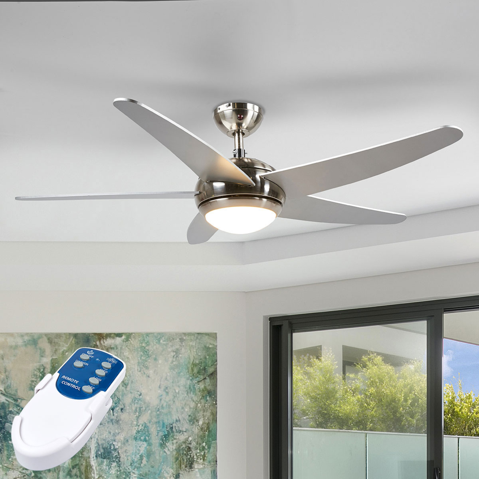 Anneka - silberner Deckenventilator mit LED-Licht