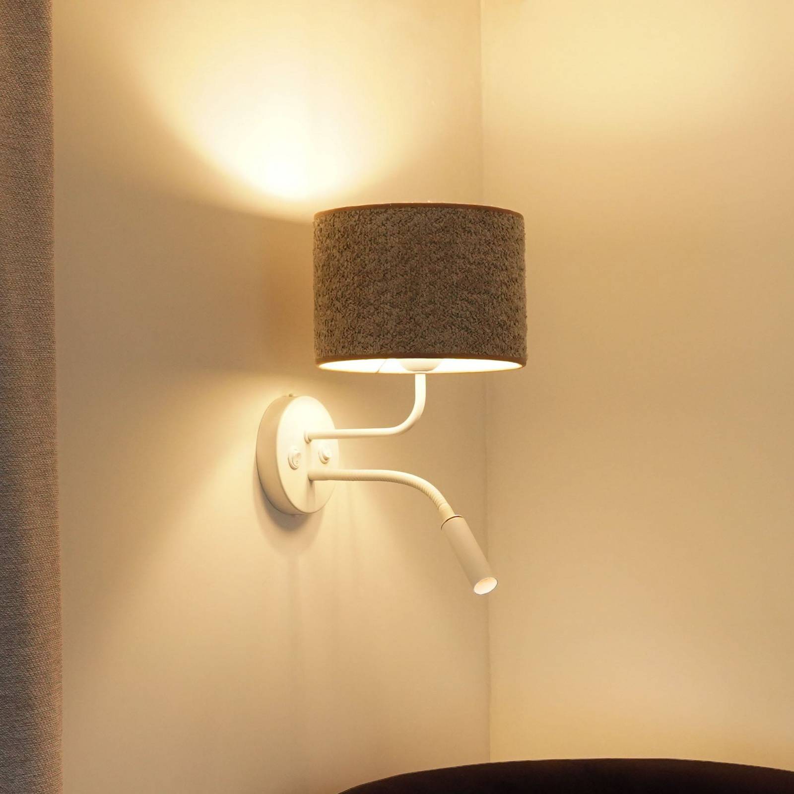 Wandleuchte Roller, Bouclé grau, weiß, mit Leselicht