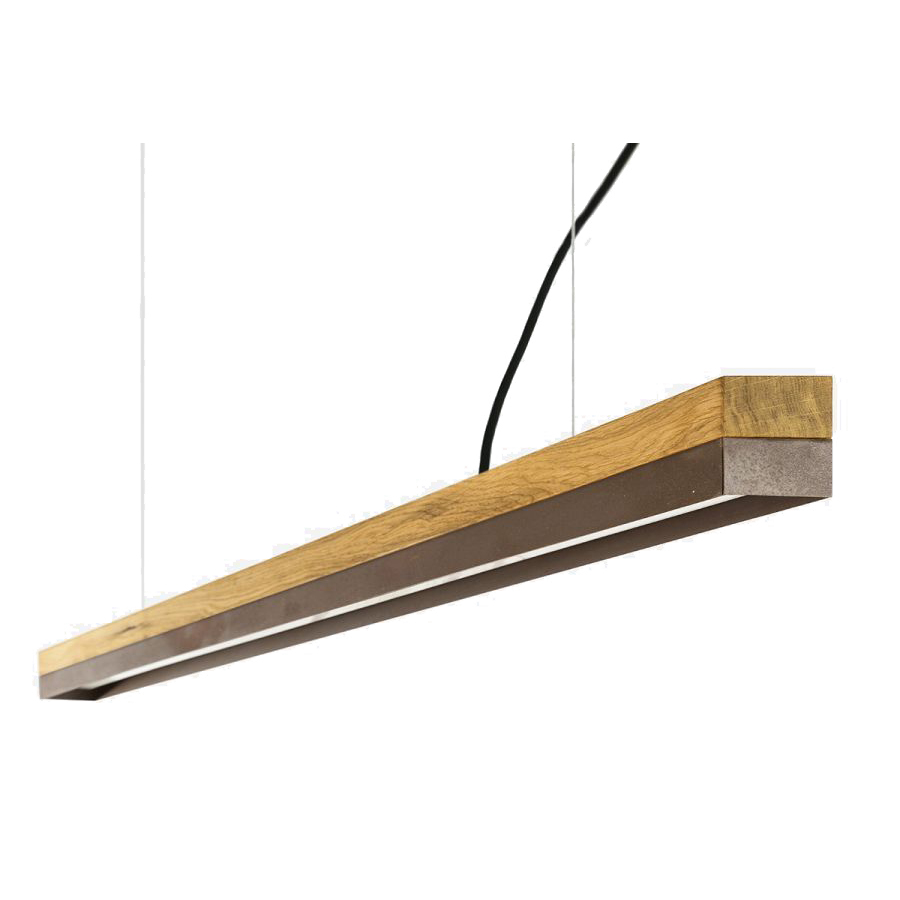 GANTlights C3oOak Wood & Corten Steel Pendelleuchte mit Dimmer - Eichenvollholz / verrosteter Cortenstahl / warmweiß - 182x8x8 cm