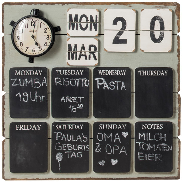 Memo-Board mit Uhr Kalender Tafeln