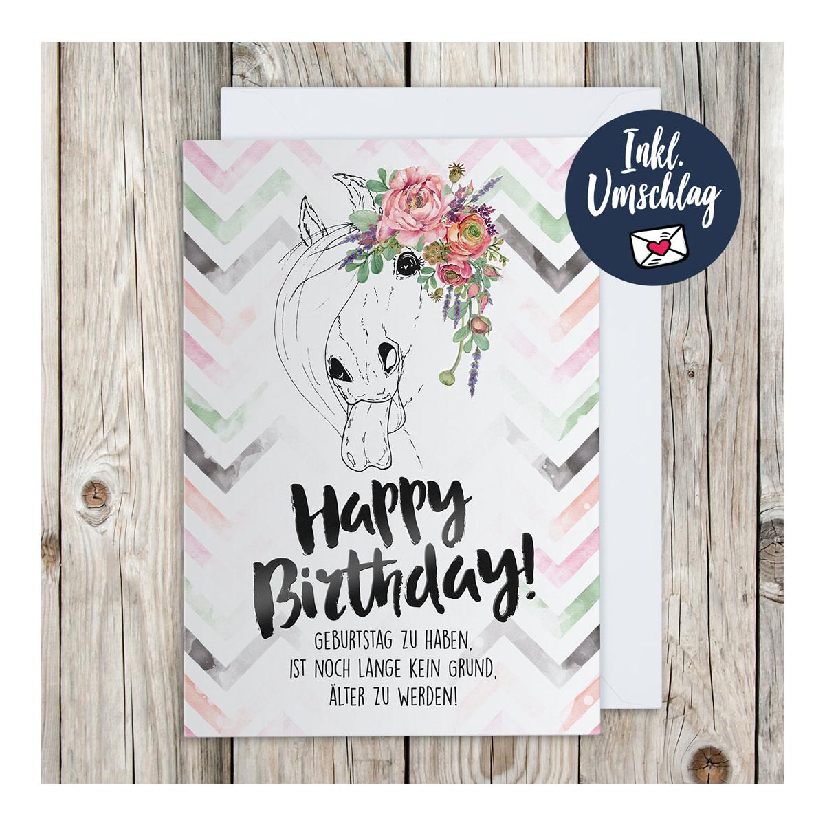 Soulhorse Grusskarte 'Happy Birthday' (naughty pony) - Weiss/Schwarz/Rosa/Grün -