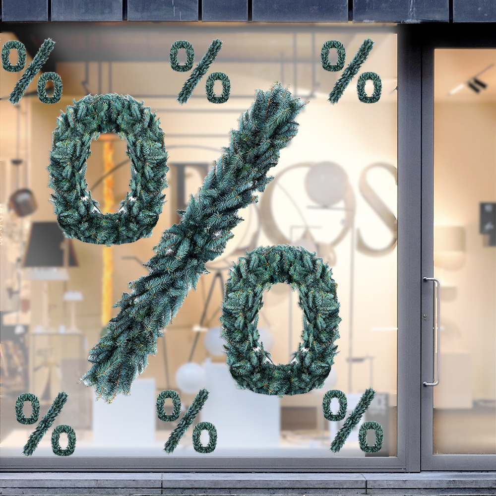 Prozente Aufkleber Weihnachten mit Tannenkranz, freigestelltem Umriss!