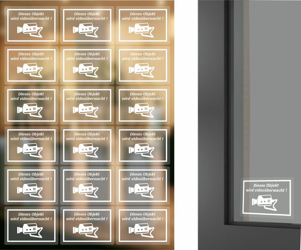18 Stück DIN A4 Stickerbogen, Objekt wird videoüberwacht Aufkleber auf transparente Folie zur Verklebung von Außen