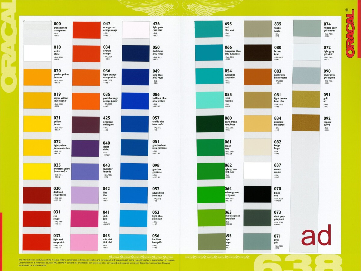 Farbkarte - Oracal 638 Wall Art - Dekorfolie für Wandtattoos, Klebefliesen und Möbel