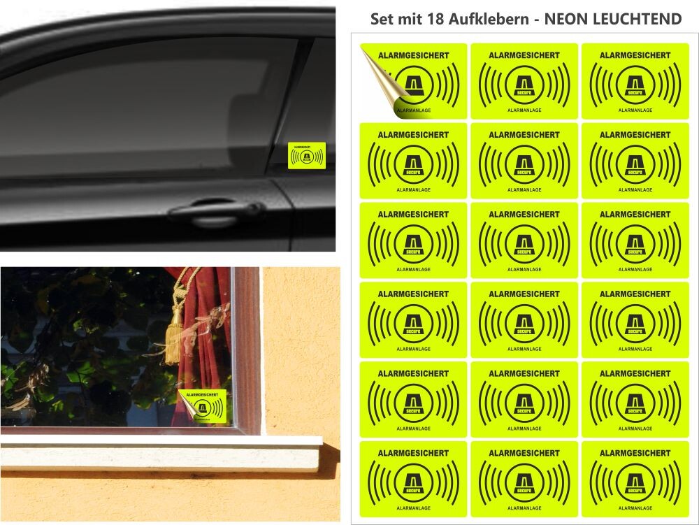 18 Stück Alarmanlagen Aufkleber, alarmgesichert Aufkleber NEON FARBIG Neon Gelb