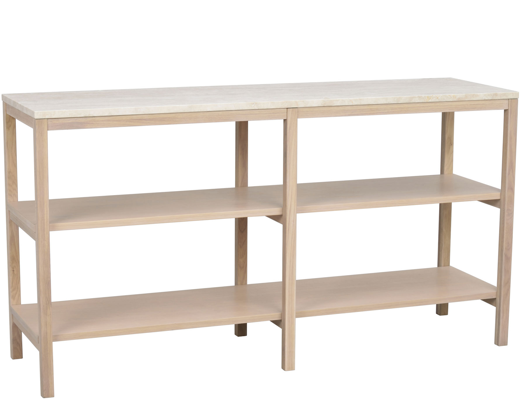 Grosser Design Konsolentisch „Orwel“ 140 x 75 cm, Travertin / Eiche Whitewash