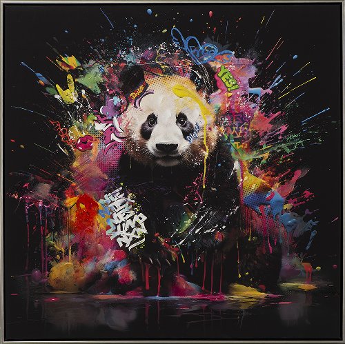 Handbemaltes, gerahmtes Bild „Panda Farbe!“ 82.5 x 82.5 cm