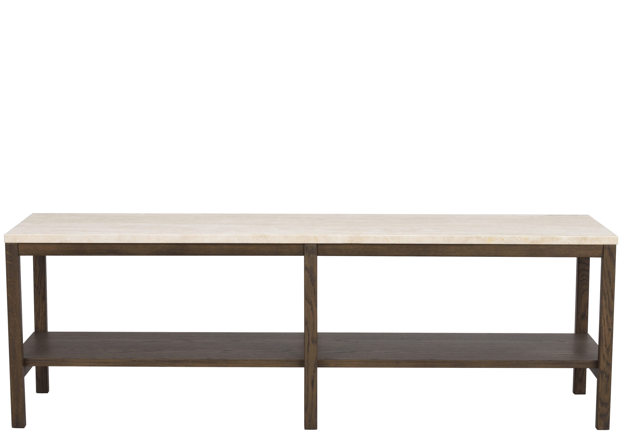 Grosser Design Konsolentisch „Orwel“ 140 x 45 cm, Travertin / Eiche Dunkelbraun