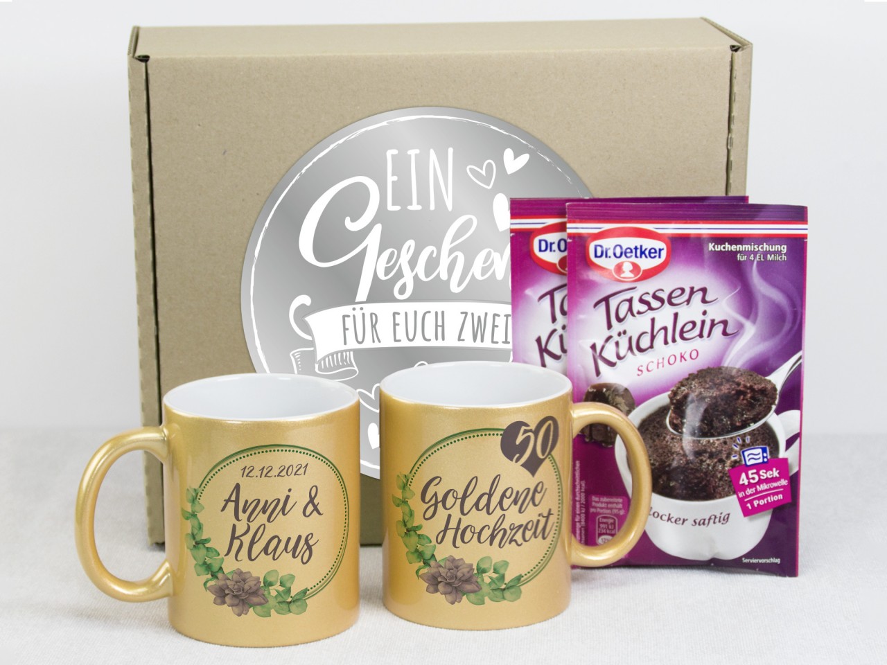 Geschenkbox Goldene Hochzeit,Tassen mit Eukalyptuskranz...