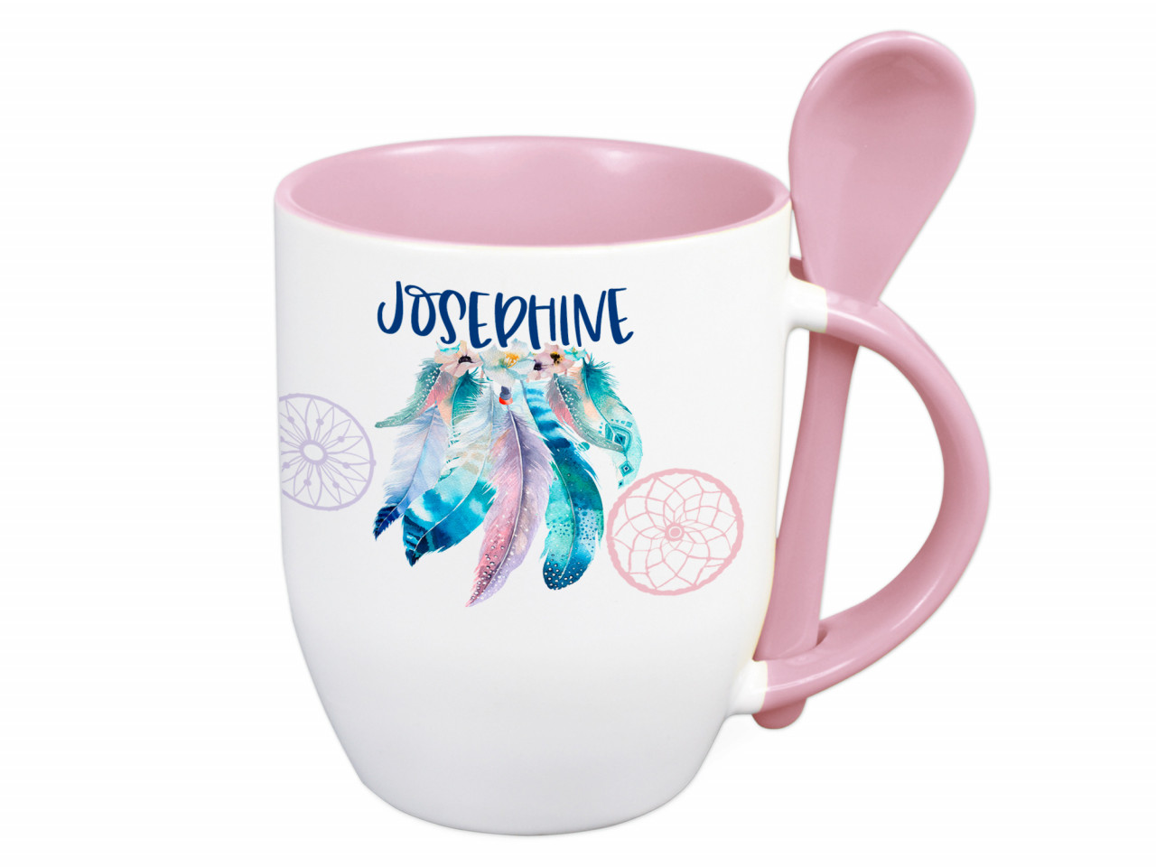 Tasse mit Löffel mit Wunschnamen und Traumfänger