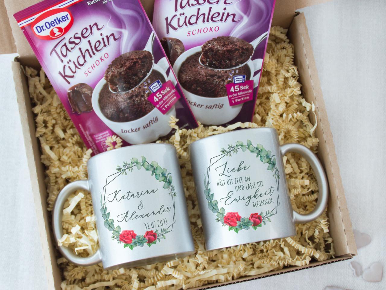 Geschenk Set Hochzeit, Tassen mit Tassenkuchen,...