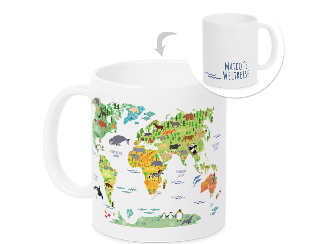 Tasse Weltkarte mit Namen Weltreise