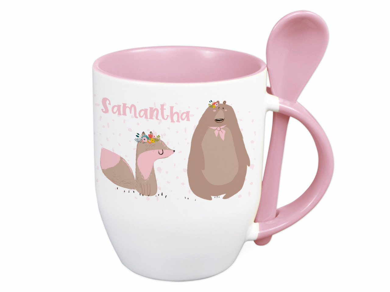 Tasse mit Löffel für Kinder mit Wunschnamen und Waldtiere