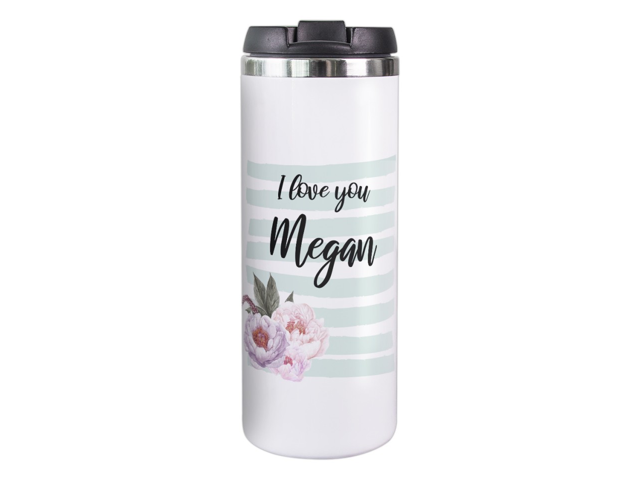 Thermobecher personalisiert mit Namen, I love You mit Blumen