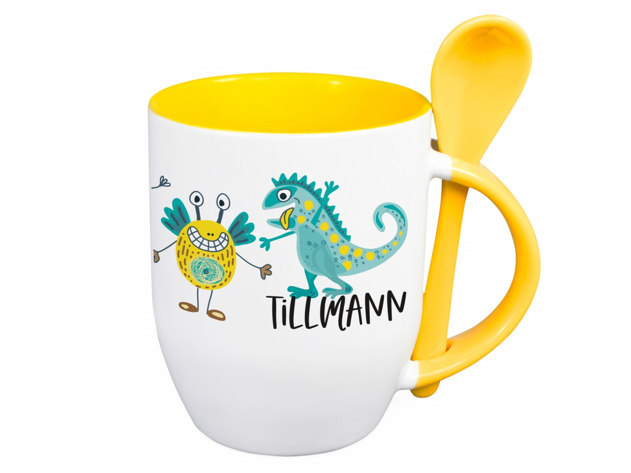 Tasse mit Löffel Name personalisiert mit Monster