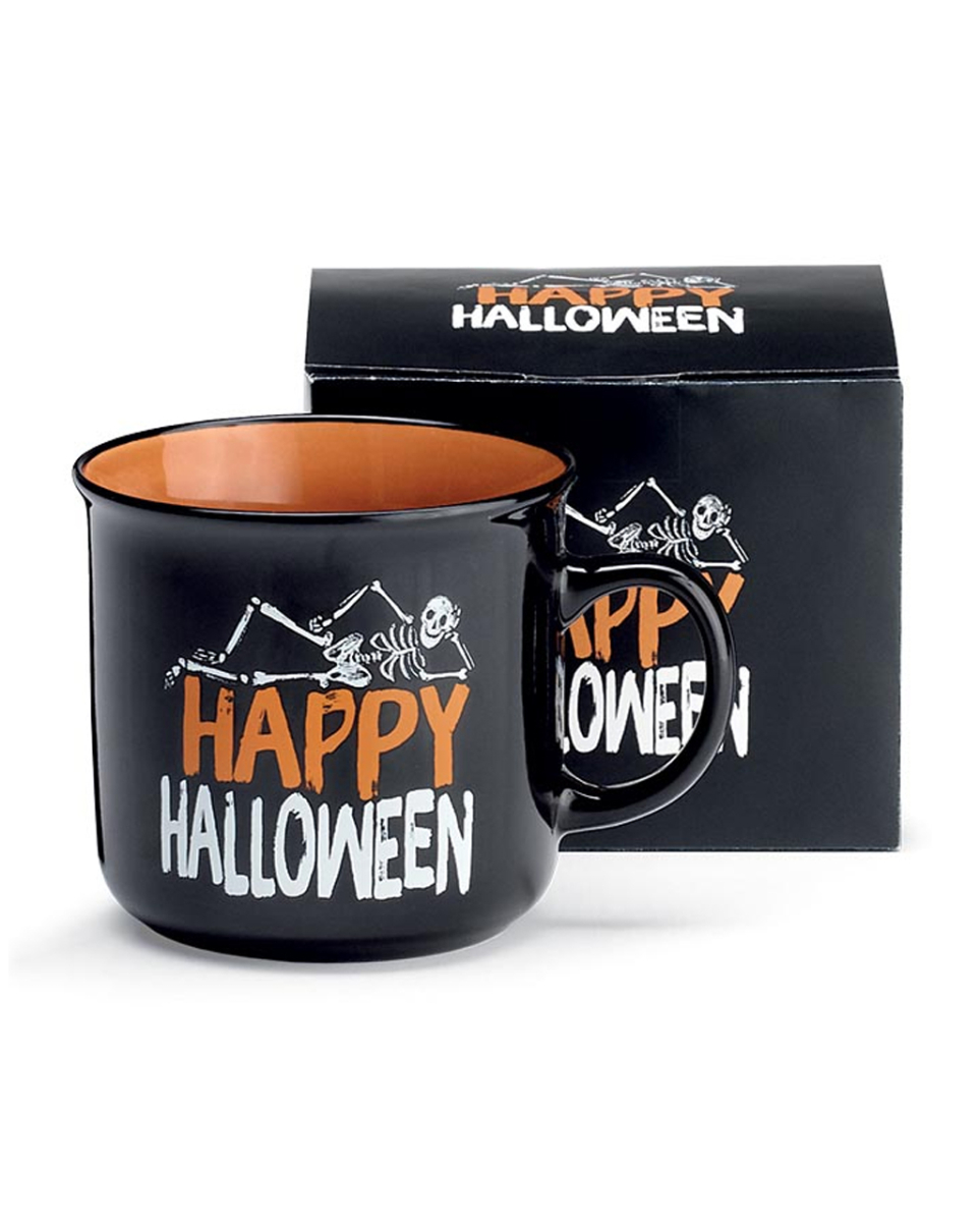 Schwarze Happy Halloween Tasse mit Skelett