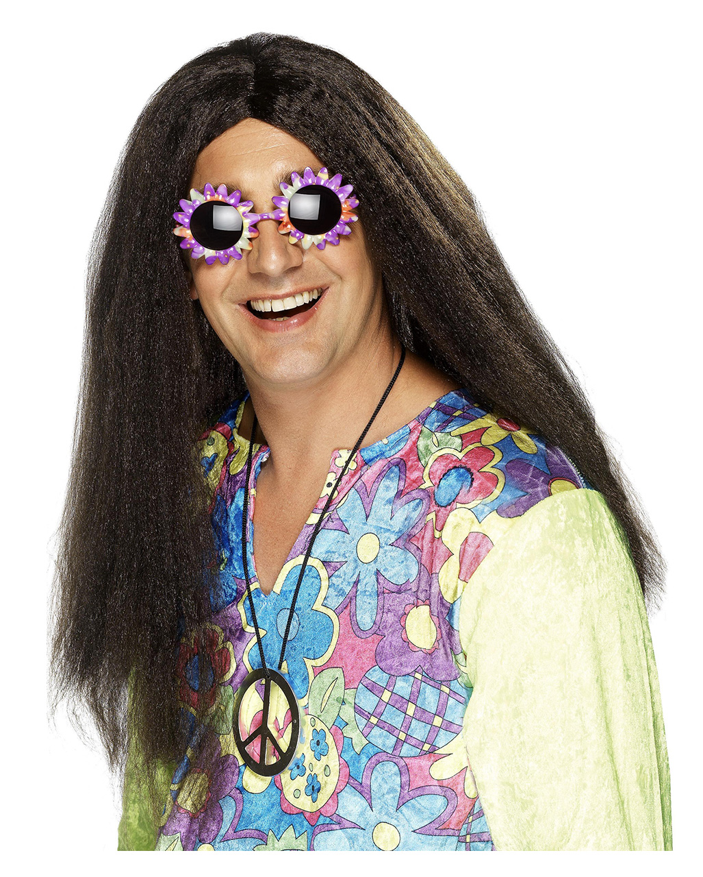 Hippie Perücke braun   Perücke Flower Power Style