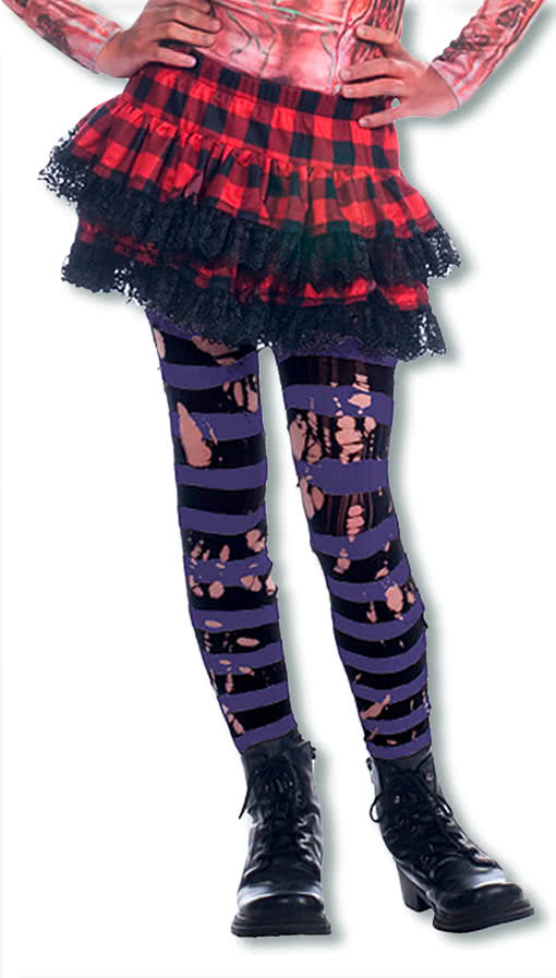 Gestreifte Fetzen Strumpfhose schwarz/lila Halloween Kostümzubehör