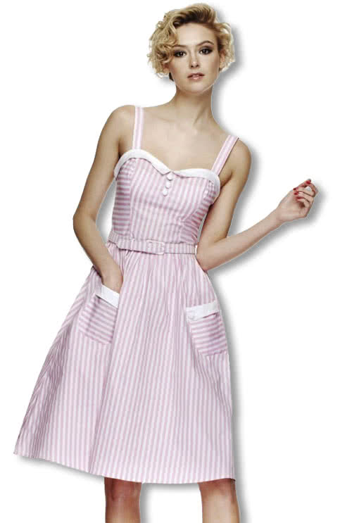 Gestreiftes Rockabilly Kleid rosa-weiß -Petticoat Kleid-Pinup Kleid S / 36