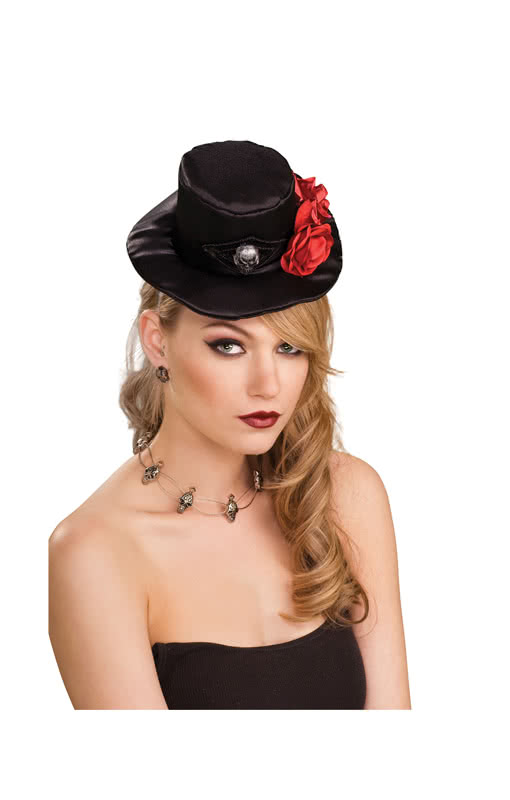 Gothic Mini Hut mit Totenkopf & Rose Halloween Kostümzubehör