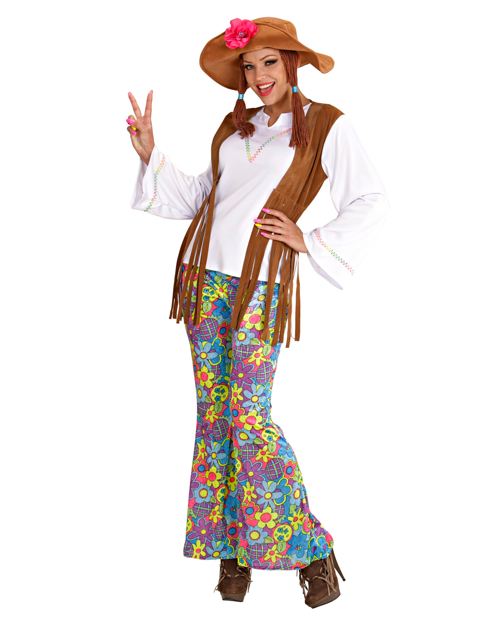 Hippie Frauen Kostüm mit Zöpfen Gr. M für Fasching