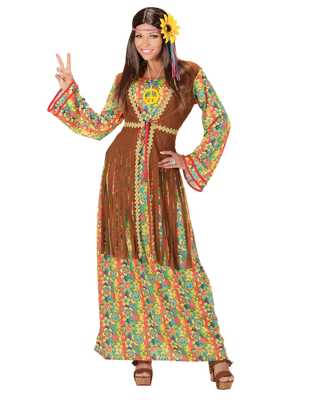 Hippiekleid mit Weste & Peace Halskette für Fasching XXL