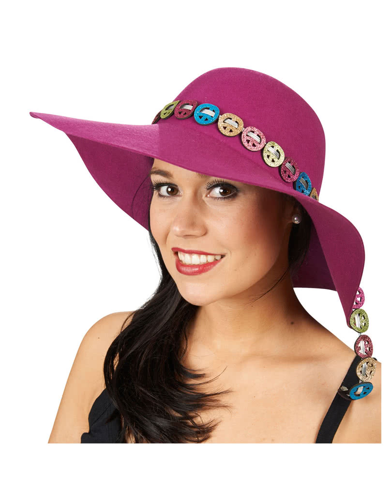 Lady Hut mit Peace-Symbol   Lilafarbener Hippie Hut