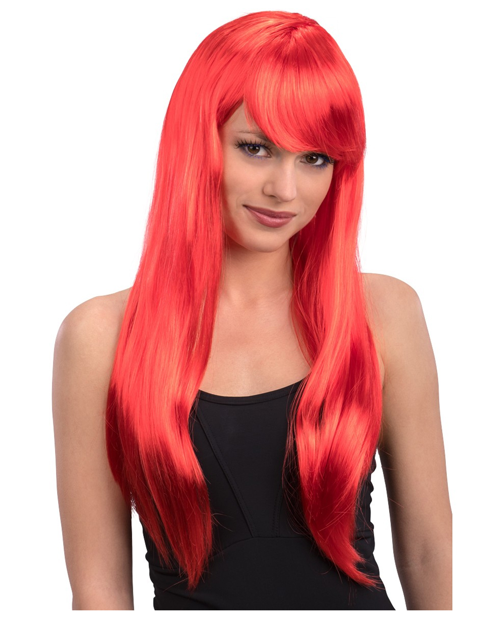 Langhaarperücke mit Pony neonrot  Faschingsperücken kaufen